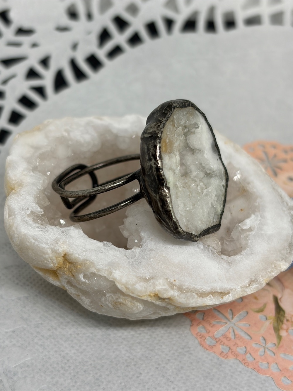 Handmade Natural Geode Crystal Adjustable Statement Ring cottagecore earthy raw